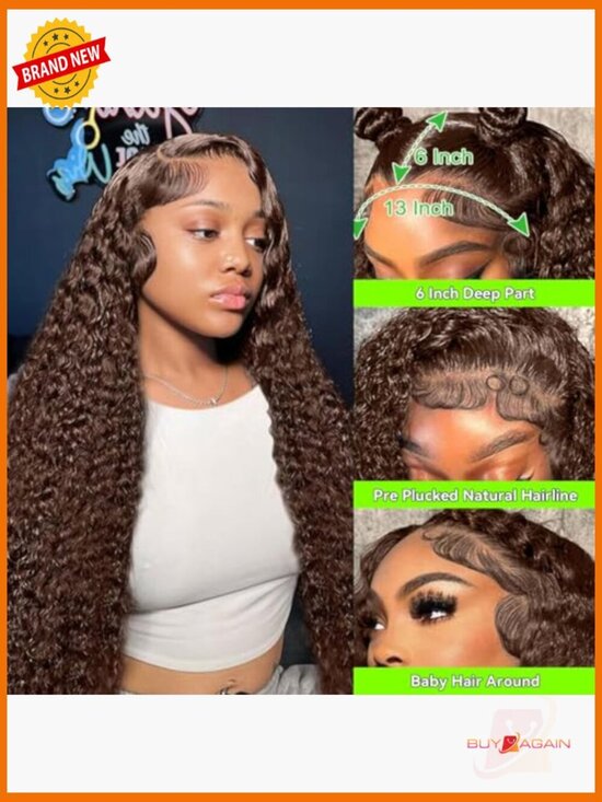 13x6 Lace Front Wig Human Hair Deep Wave Curly 200% Density Glueless 24 Inch main image 4